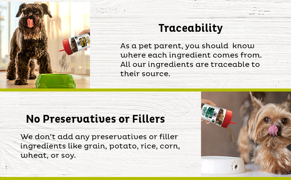 Raised Right - Shake - A - Flakes: Image highlighting the preservative-free and traceable nature of the product, offering transparency for pet parents.
