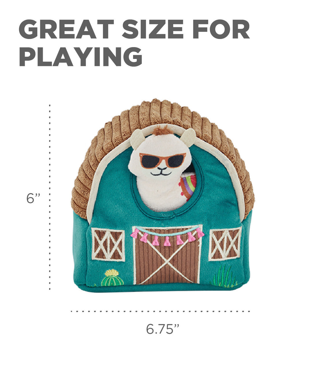 Graphic showing size dimensions of the Outward Hound Hide A Llama dog toy, highlighting that it's ideal for small, medium, and large dogs for varied enrichment play.