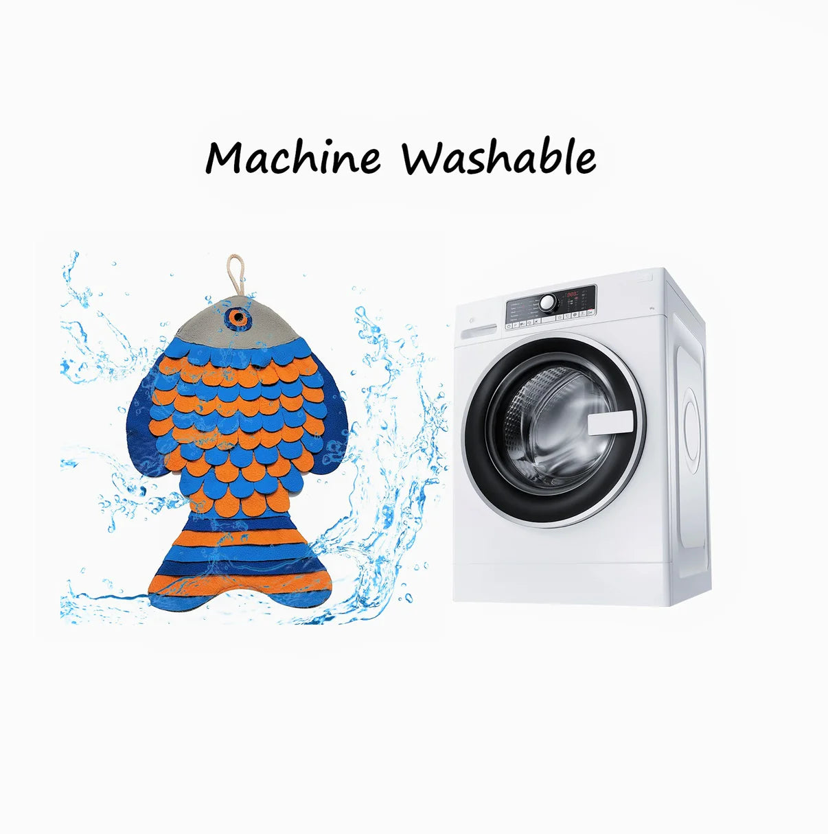 Image demonstrating that the mat is machine and hand washable, making it easy to clean and maintain for daily use.