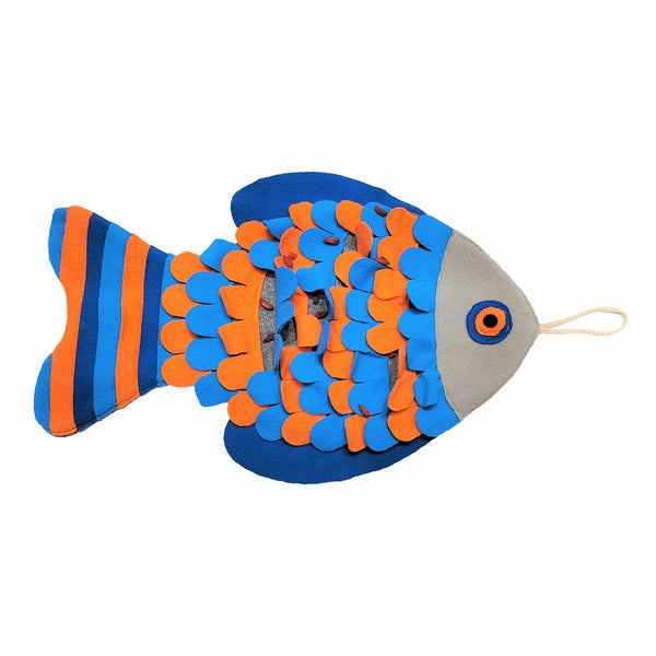 Bright, colourful fish-shaped snuffle mat designed to promote mental stimulation, slow feeding, and foraging for small pets.