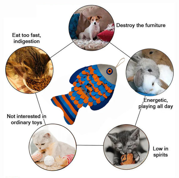 Visual demonstrating behaviours the toy helps with, such as reducing boredom, encouraging natural foraging, and promoting calmness.