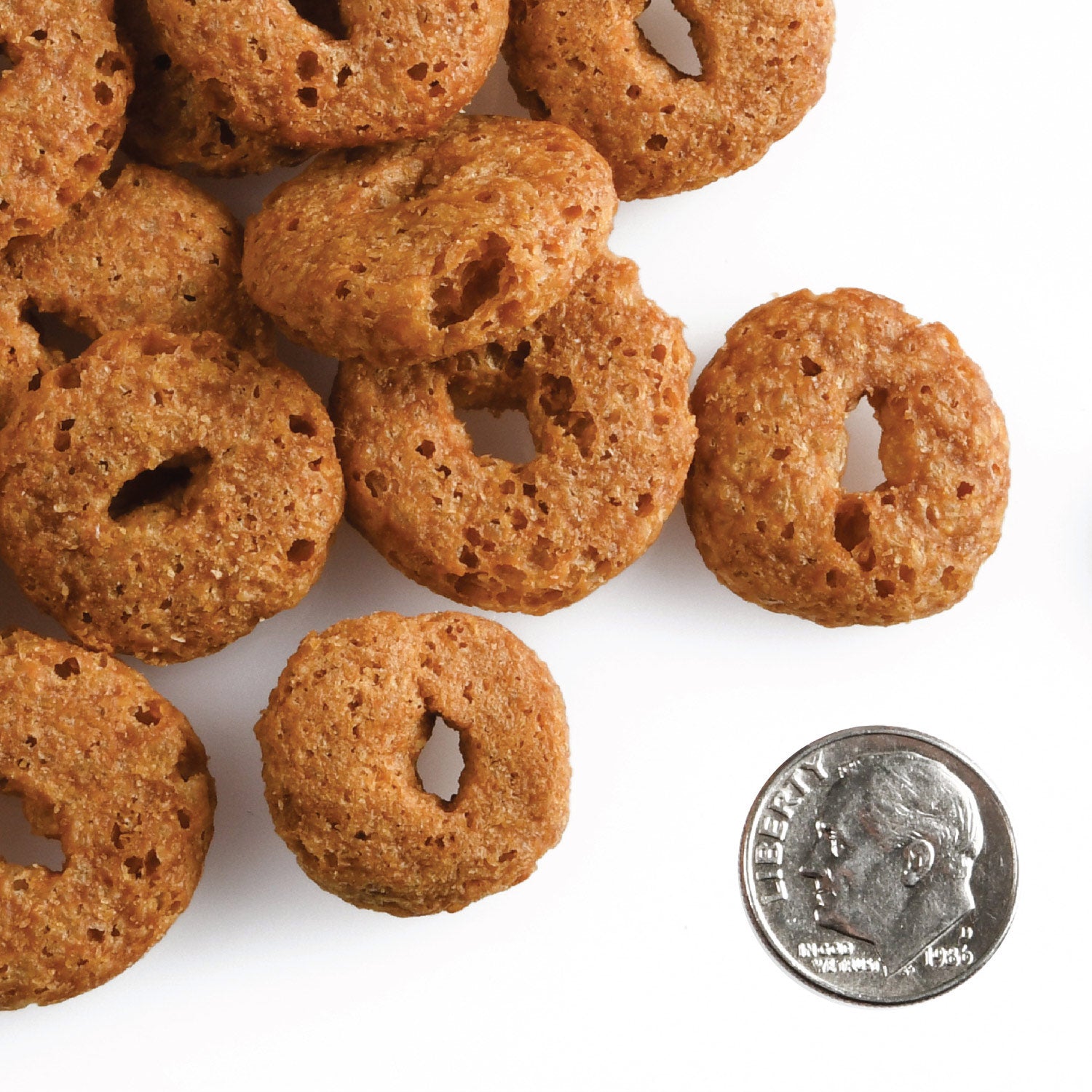Fromm crunchy o's dog treat smokin' cheeseplosion up close showing the size and texture of these crunchy dog treats