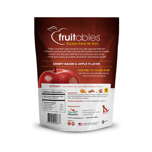 Back view of Fruitables Baked Dog Treats packaging, highlighting the Crispy Bacon & Apple flavour and nutritional value