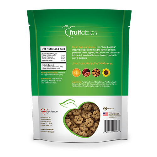 Back view of Fruitables Baked Dog Treats packaging, highlighting the Pumpkin & Apple flavour and nutritional value