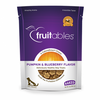 Front view of Fruitables Baked Dog Treats bag showcasing the Pumpkin & Blueberry flavour and key features.