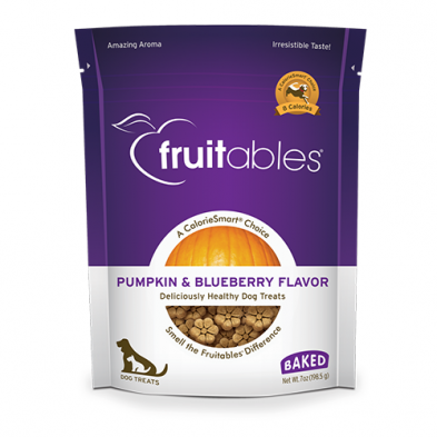 Front view of Fruitables Baked Dog Treats bag showcasing the Pumpkin & Blueberry flavour and key features.