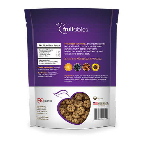 Back view of Fruitables Baked Dog Treats bag highlighting the ingredient list, nutritional information, and product benefits.