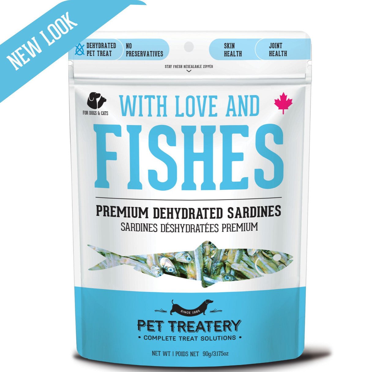 Granville Island Premium Dehydrated Sardines Treat for Dogs - Front Packaging with resealable bag. Benefits for skin & joint health