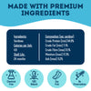 Guaranteed analysis of Granville Island Dehydrated Sardines, detailing protein, fat, and Omega-3 content. Showing it's 100% natural, made with no preservatives. Chemical and Soy free dog treats