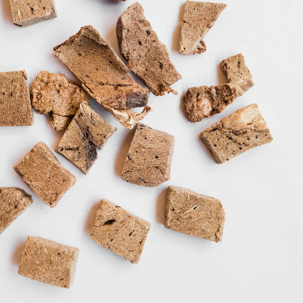 Close-up view of Green Juju Bison Liver Trainers Dog Treats, showing their size and texture.