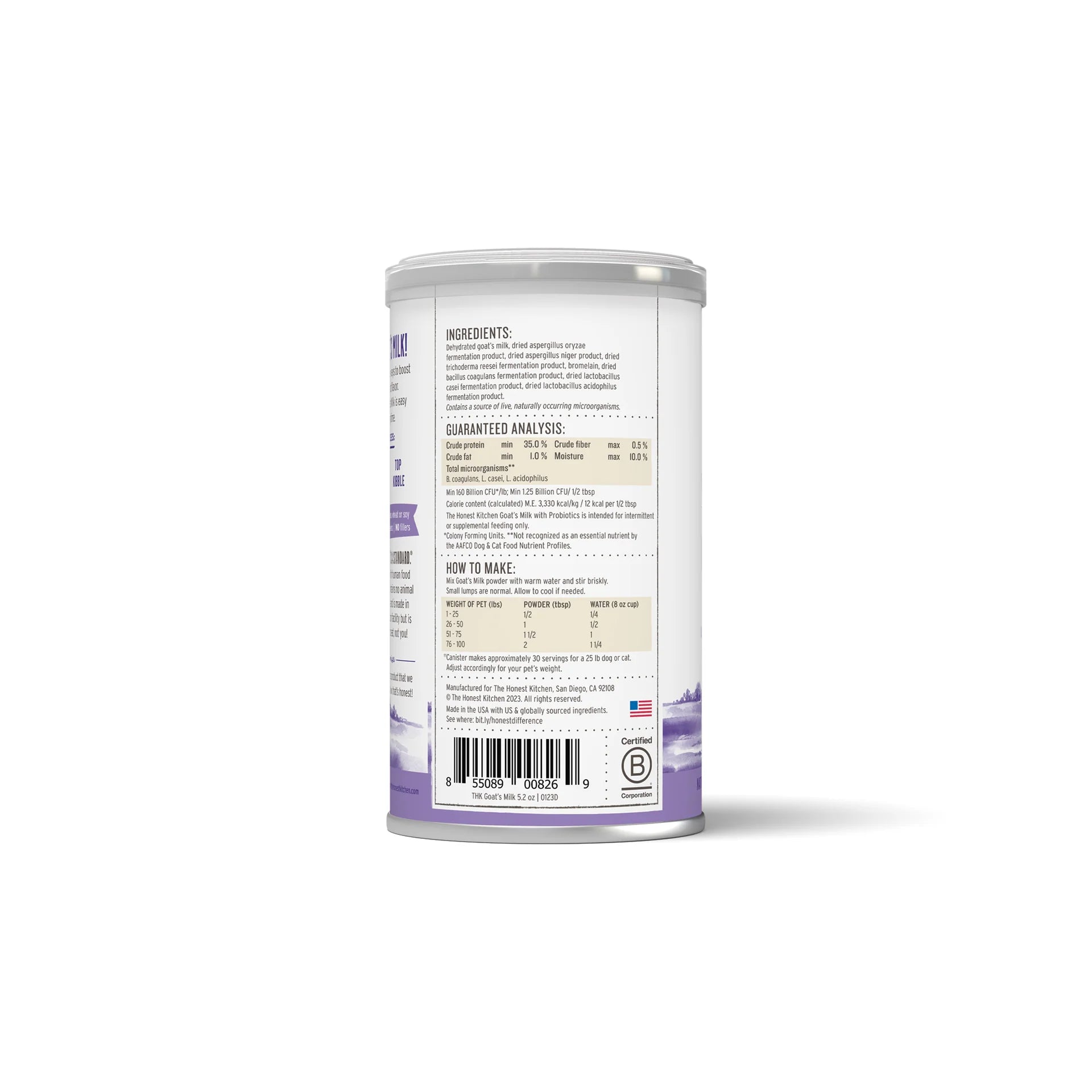 Back view of Honest Kitchen - Goat's Milk with Probiotic can highlighting the ingredients and nutritional information.