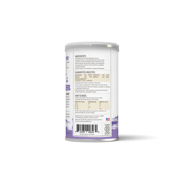 Back view of Honest Kitchen - Goat's Milk with Probiotic can highlighting the ingredients and nutritional information.