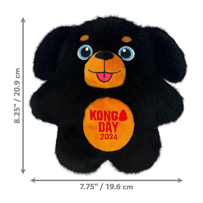 Front view of KONG Day Limited Edition Snuzzle Pup plush toy with size dimensions displayed, highlighting its flat shape and plush texture.