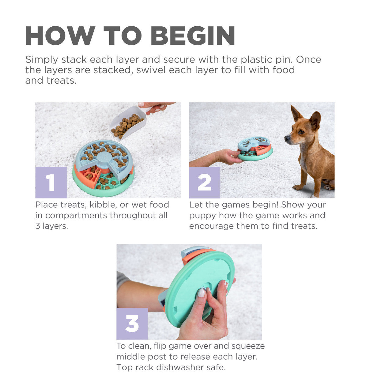 A step-by-step guide showing how to fill, spin, and freeze the puzzle feeder for interactive play and mealtime enrichment.