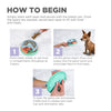 A step-by-step guide showing how to fill, spin, and freeze the puzzle feeder for interactive play and mealtime enrichment.