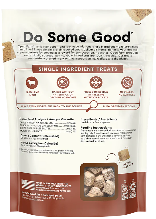 "Back view of Open Farm Freeze-Dried Lamb Liver Dog Treats bag showing ingredient details"