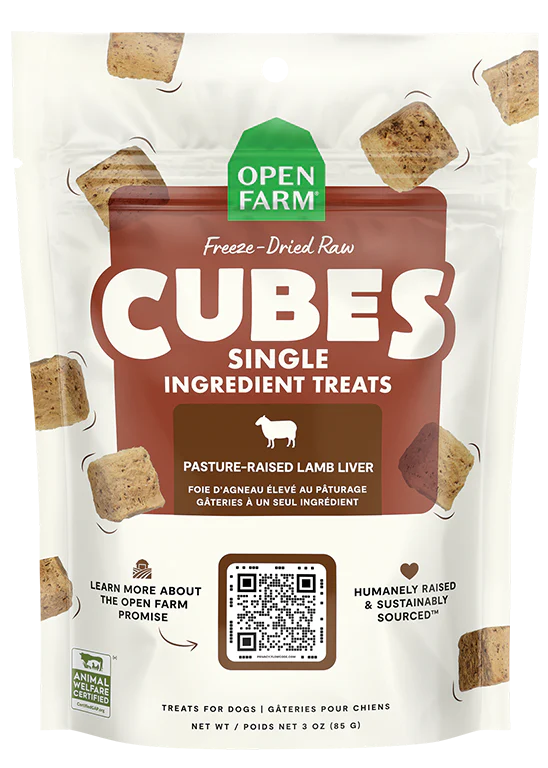 "Front view of Open Farm Freeze-Dried Lamb Liver Dog Treats bag showing branding"