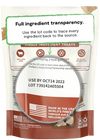 "Back of Open Farm Freeze-Dried Lamb Liver Dog Treats bag with Open Farm transparency details"