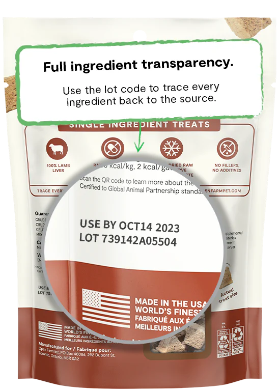 "Back of Open Farm Freeze-Dried Lamb Liver Dog Treats bag with Open Farm transparency details"