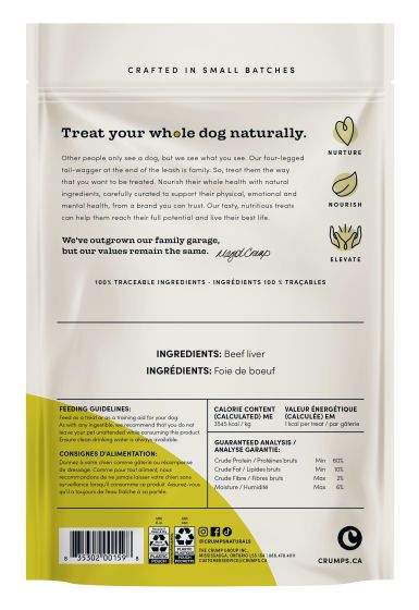 Back view of Crumps' Mini Trainers - Dried Beef Liver package, detailing the ingredients and nutritional information.