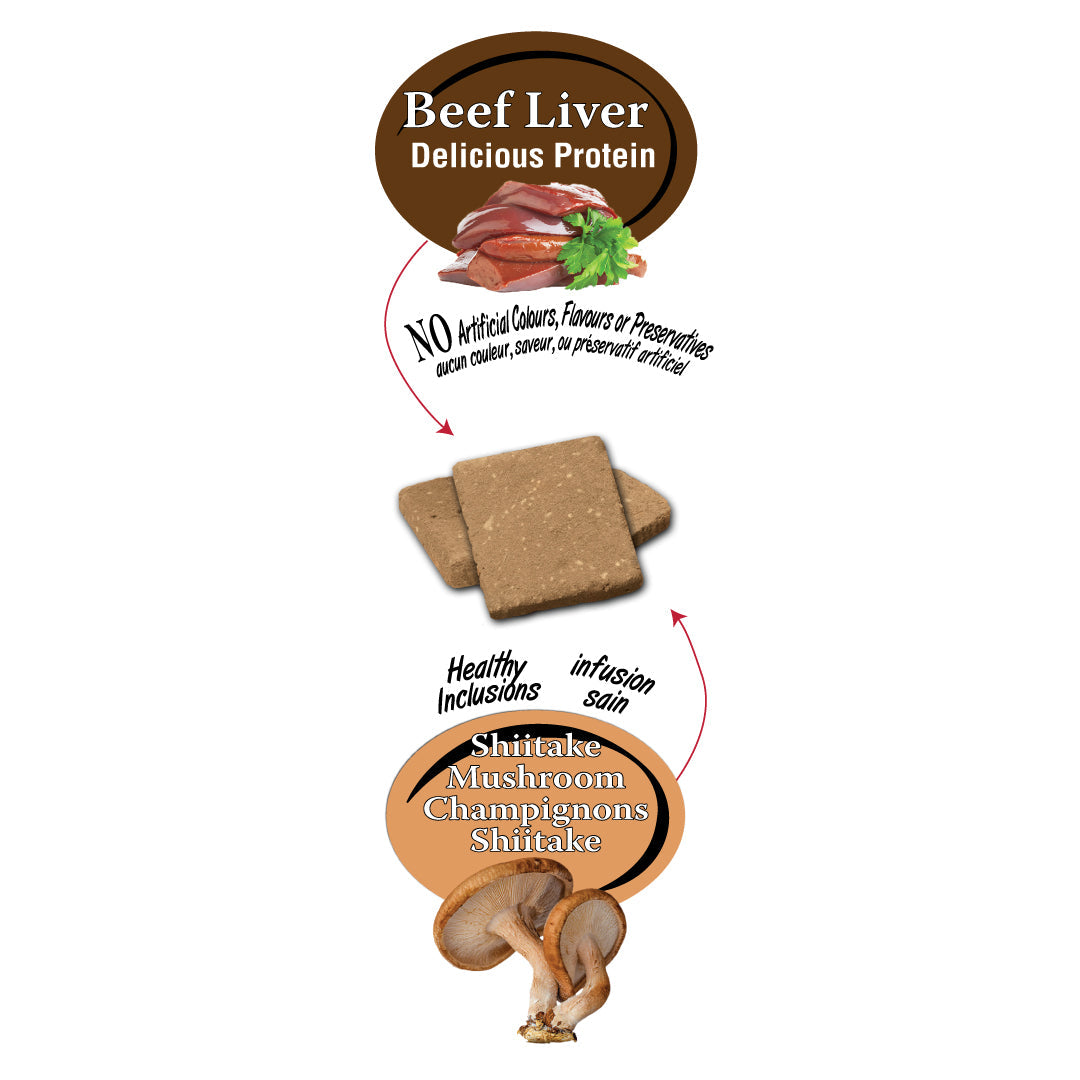 A close-up image of Benny Bully Beef Liver & Shiitake Mushroom Treats, showcasing their texture and quality.