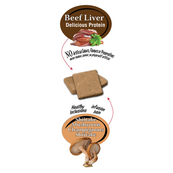 A close-up image of Benny Bully Beef Liver & Shiitake Mushroom Treats, showcasing their texture and quality.