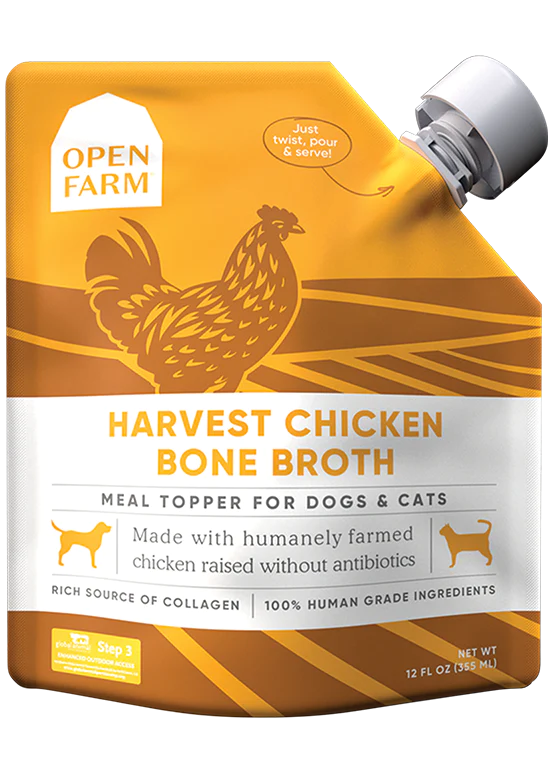 Image of the 12 oz Open Farm Chicken Bone Broth packaging, featuring the product label and nutritional highlights.