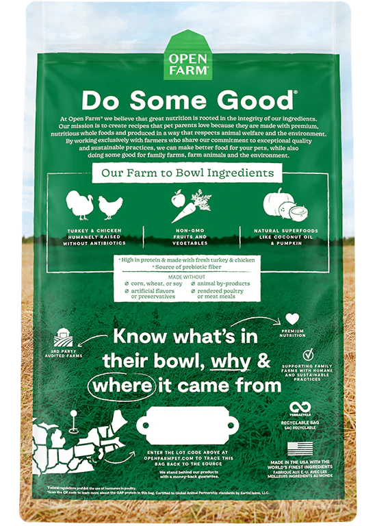 Open Farm Grain Free - Homestead Turkey & Chicken Dog Food bag back view with detailed transparency on sourcing and ingredients.