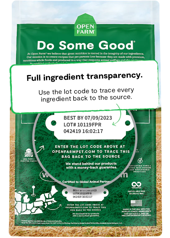 Back view of Open Farm Grain Free - Homestead Turkey & Chicken Dog Food bag displaying nutritional information and ingredient transparency.