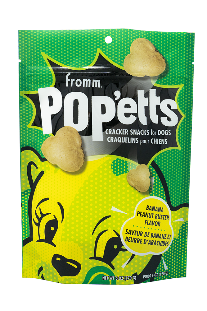 Front of the bag of Fromm Pop'etts - Banana Peanut Buster Cracker Snacks.