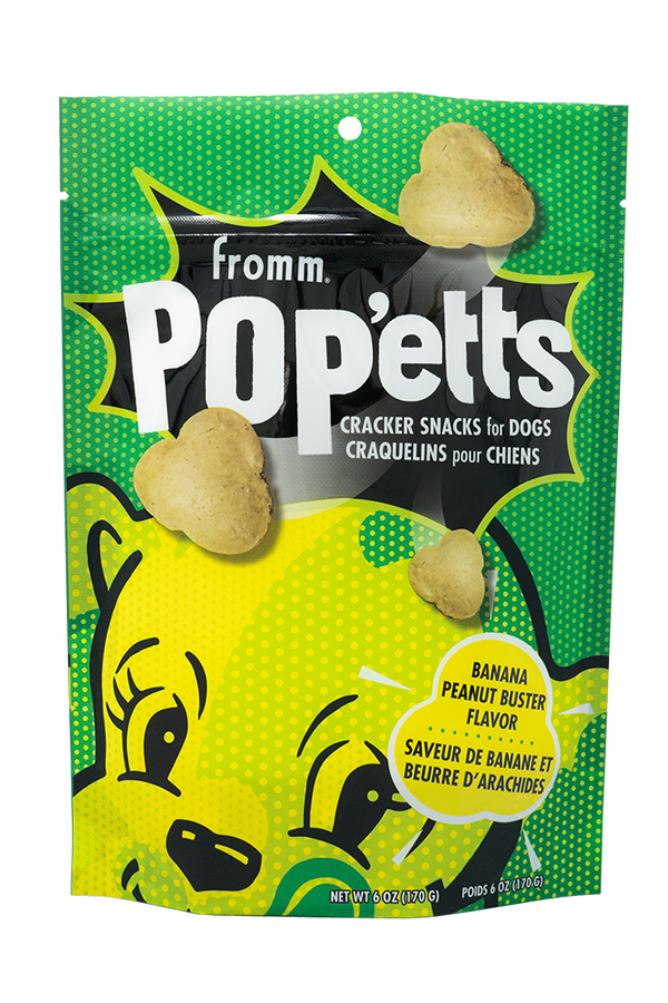 Front of the bag of Fromm Pop'etts - Banana Peanut Buster Cracker Snacks.