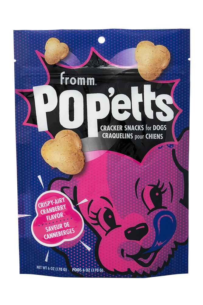 Front of the bag of Fromm Pop'etts Crunchy Dog Treats - Crispy-Airy Cranberry Cracker Snacks.