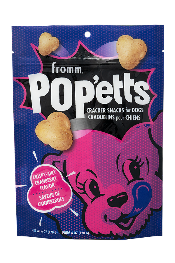 Front of the bag of Fromm Pop'etts Crunchy Dog Treats - Crispy-Airy Cranberry Cracker Snacks.