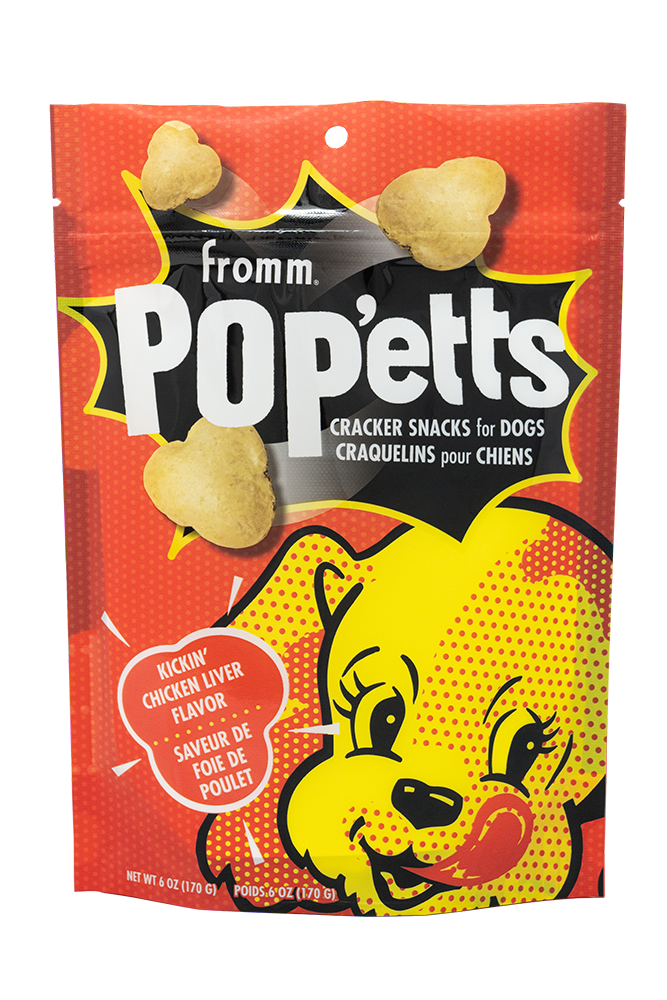 Front of the bag of Fromm Pop'etts - Kickin' Chicken Liver Cracker Snacks.