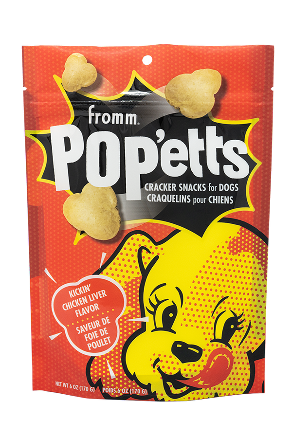 Front of the bag of Fromm Pop'etts - Kickin' Chicken Liver Cracker Snacks.