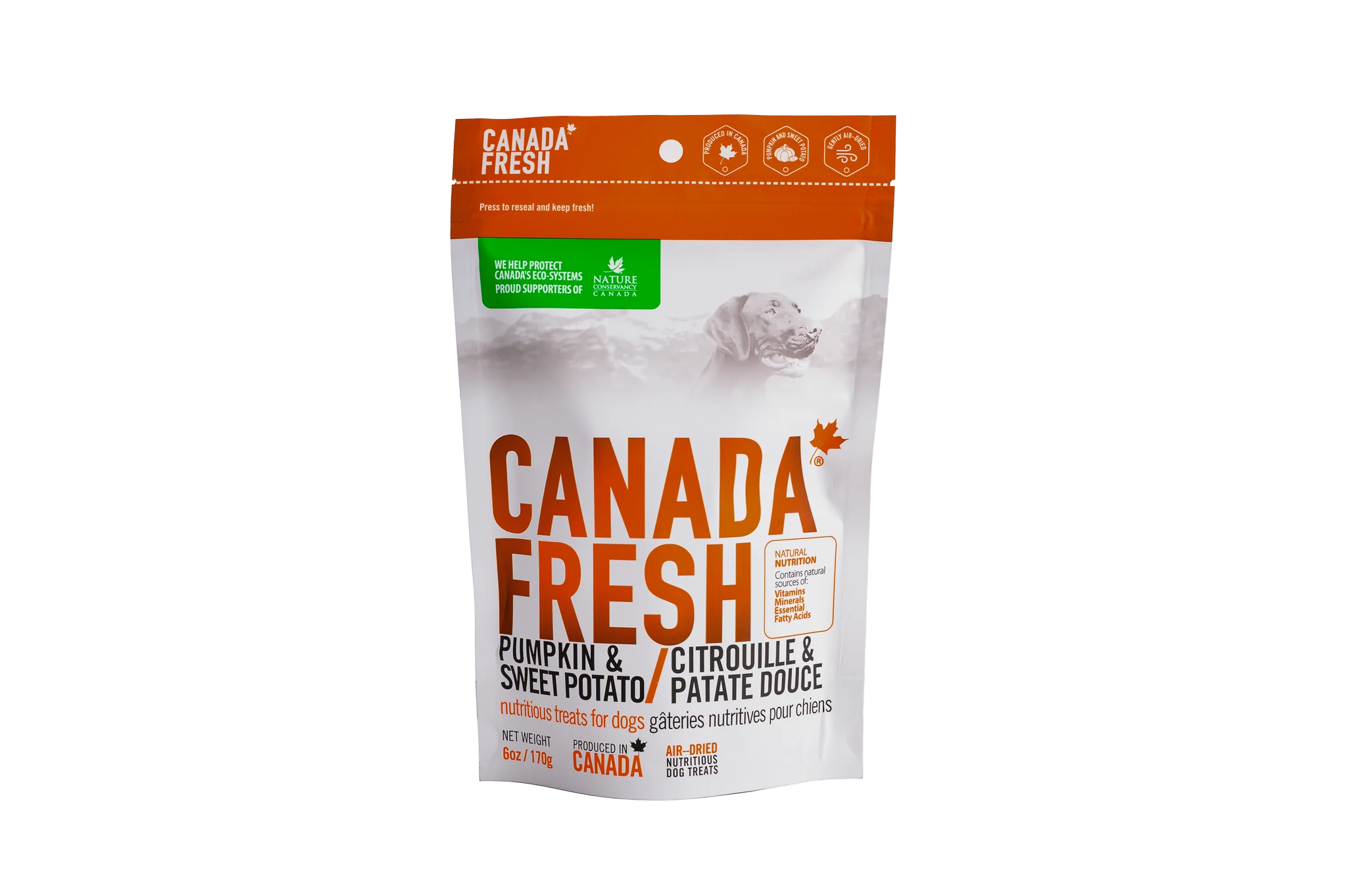 Front view of PetKind Canada Fresh Pumpkin & Sweet Potato Treats bag, showcasing nutritious, air-dried dog treats made with natural ingredients.