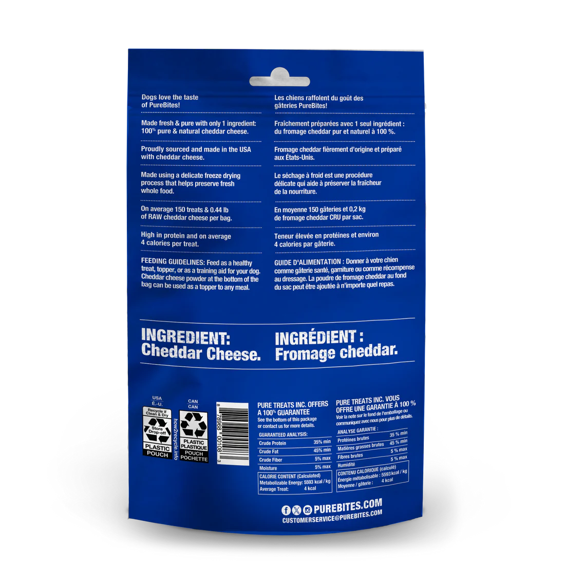 Back view of PureBites Freeze Dried Cheese Dog Treats bag, displaying nutritional information, ingredient list, and product benefits.