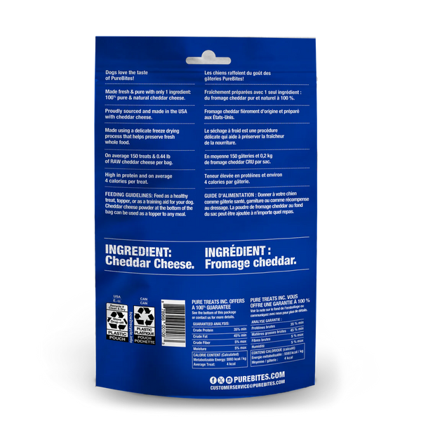 Back view of PureBites Freeze Dried Cheese Dog Treats bag, displaying nutritional information, ingredient list, and product benefits.