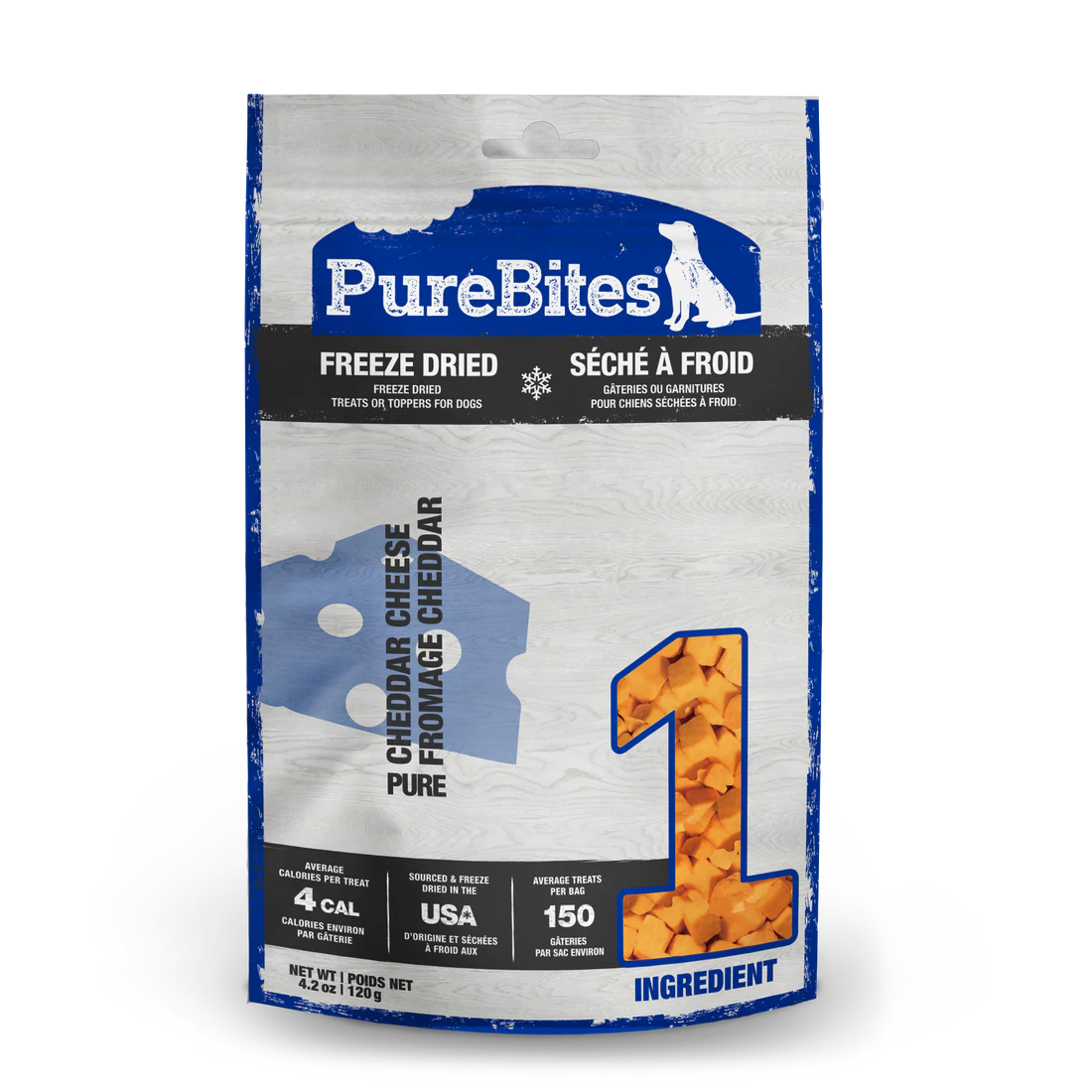 Front view of PureBites Freeze Dried Cheese Dog Treats bag, featuring 100% pure cheddar cheese as the only ingredient.