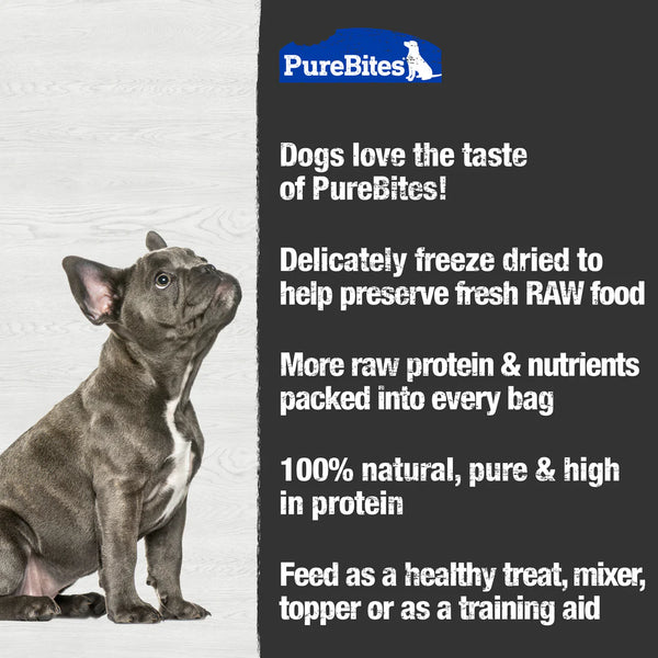 Informational image highlighting the key benefits of PureBites, including freeze-dried raw nutrition, single-ingredient simplicity, and proudly made in the USA.