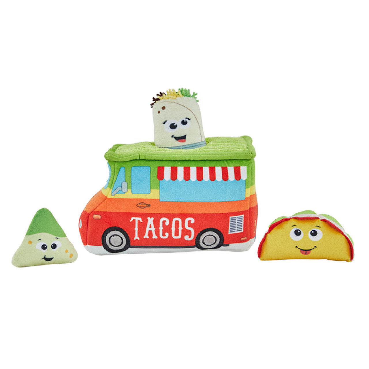 A plush taco truck with three squeaky plush food toys, designed to encourage interactive hide-and-seek play for dogs.