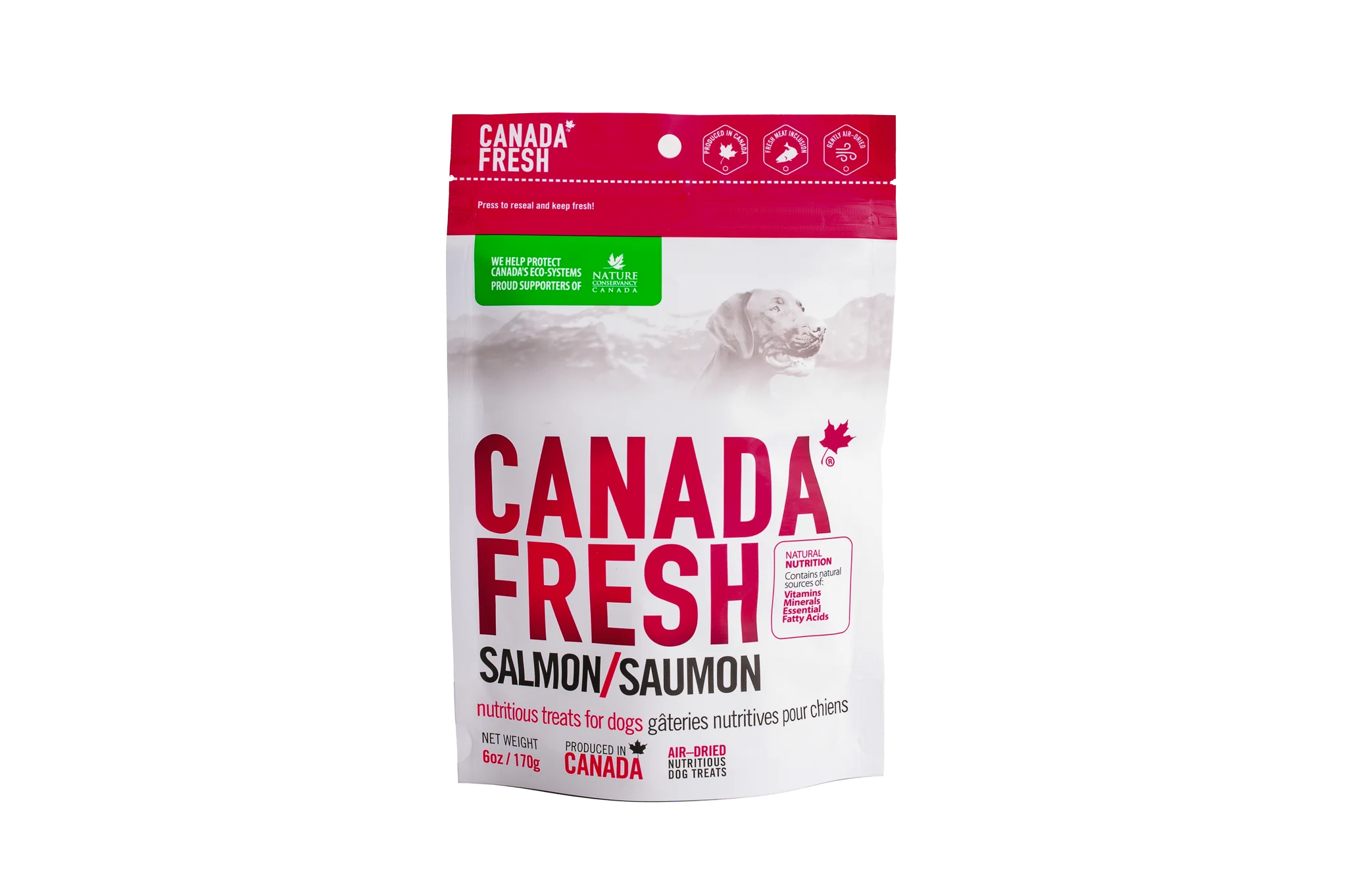 Front view of PetKind Canada Fresh Salmon Treats bag, showcasing nutritious, air-dried salmon dog treats with natural ingredients.