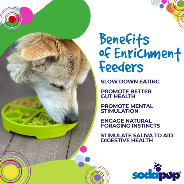 Image highlighting the various benefits of the Soda Pup Four Seasons Enrichment Tray, including slow eating, mental stimulation, and easy cleaning.