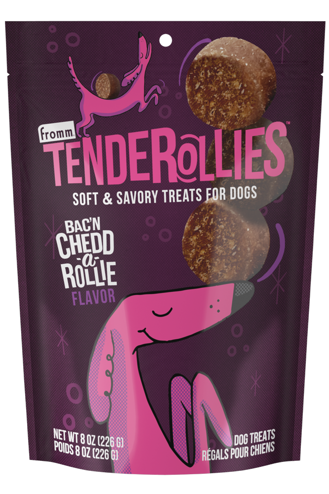 Front of the bag of Fromm Tenderollies - Bac'n Chedd-a-Rollie Flavour Dog Treats.
