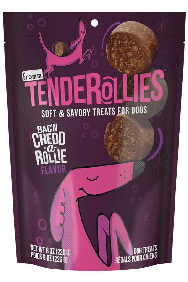 Front of the bag of Fromm Tenderollies - Bac'n Chedd-a-Rollie Flavour Dog Treats.