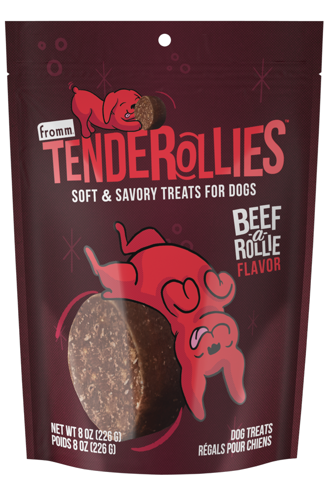 Front of the bag of Fromm Tenderollies - Beef-a-Rollie Flavour Dog Treats, featuring a vibrant design with the product name and an image of the treats.