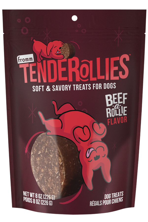 Front of the bag of Fromm Tenderollies - Beef-a-Rollie Flavour Dog Treats, featuring a vibrant design with the product name and an image of the treats.
