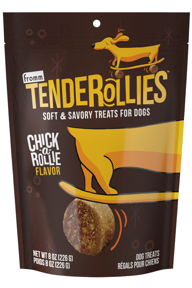 Front of the bag of Fromm Tenderollies - Chick-a-Rollie Flavour Dog Treats, featuring a colorful design with the product name and an image of the treats.