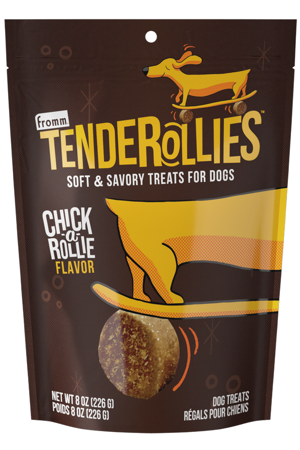 Front of the bag of Fromm Tenderollies - Chick-a-Rollie Flavour Dog Treats, featuring a colorful design with the product name and an image of the treats.