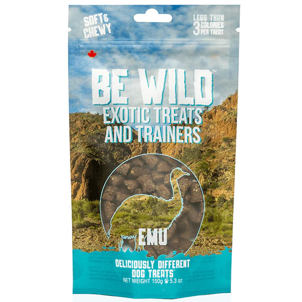 A bag of Be Wild Exotic Treats and Trainers - Emu, showcasing hypoallergenic, high-protein training treats made with lean emu and natural ingredients for dogs.